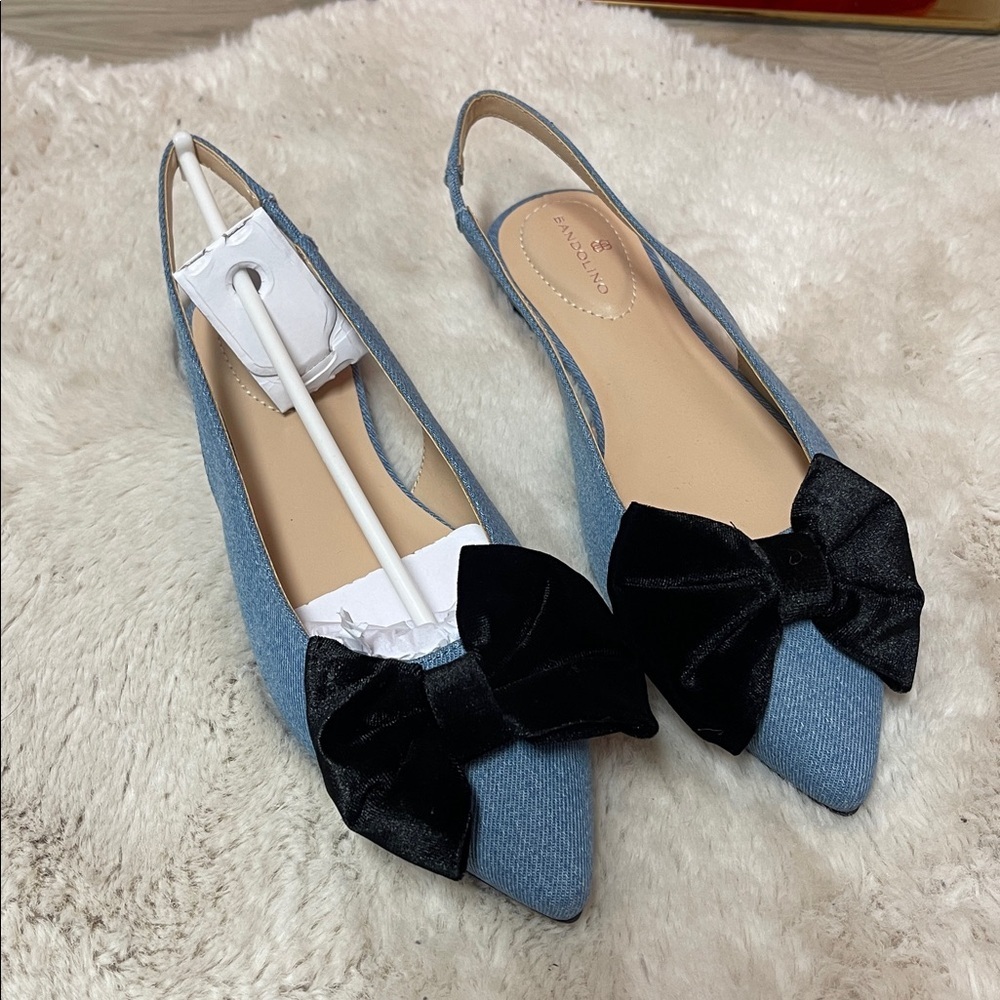 Bandolino Simona Denim Pointy Slingback Flats with Black Velvet Bow - Picture 4 of 8